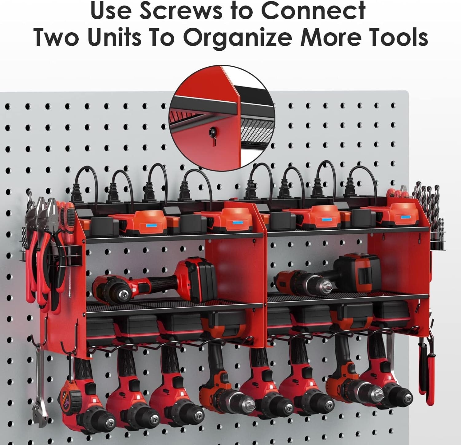 Dual-Tier Power Tool Storage Shelf w/ Surge Protector & Built-in Battery Holder