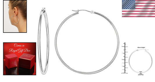 Stunning 14k White Gold 1.8 Inch Round Hoop Earrings with Click-Top Closure
