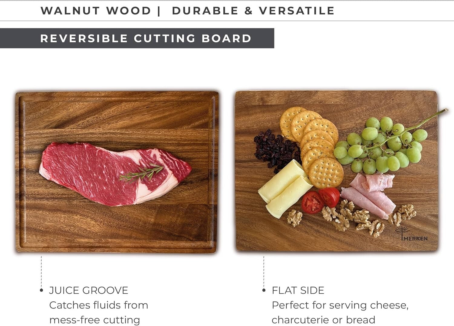 15"x12" Reversible Walnut Cutting Board with Juice Groove - Ideal for BBQ & Prep
