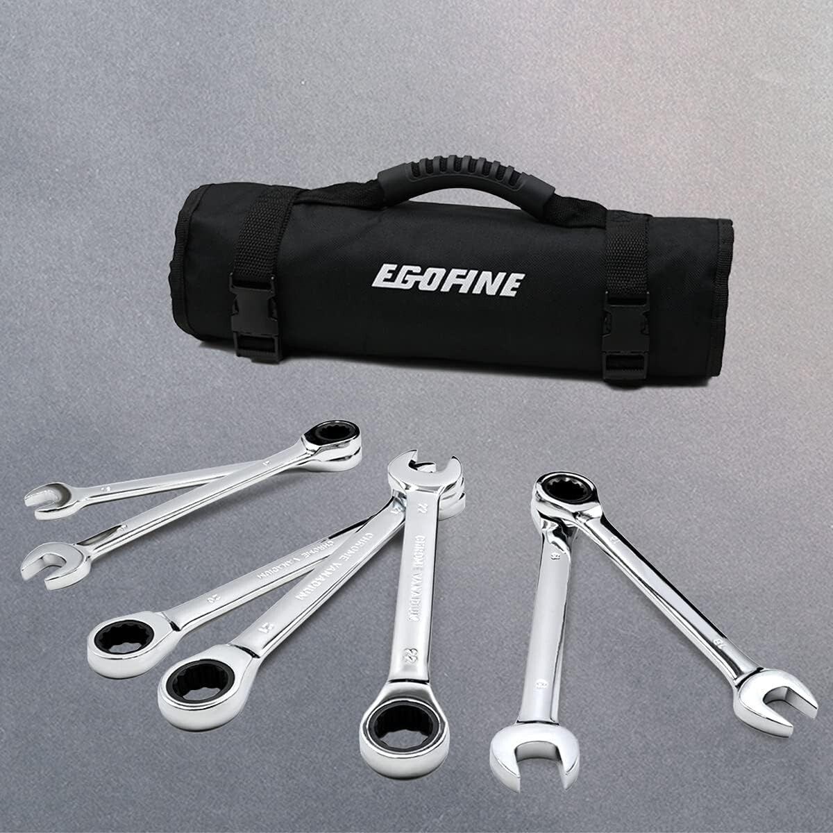 Durable 18pc Metric Ratcheting Wrench Set with Chrome Vanadium and Roll Up Bag