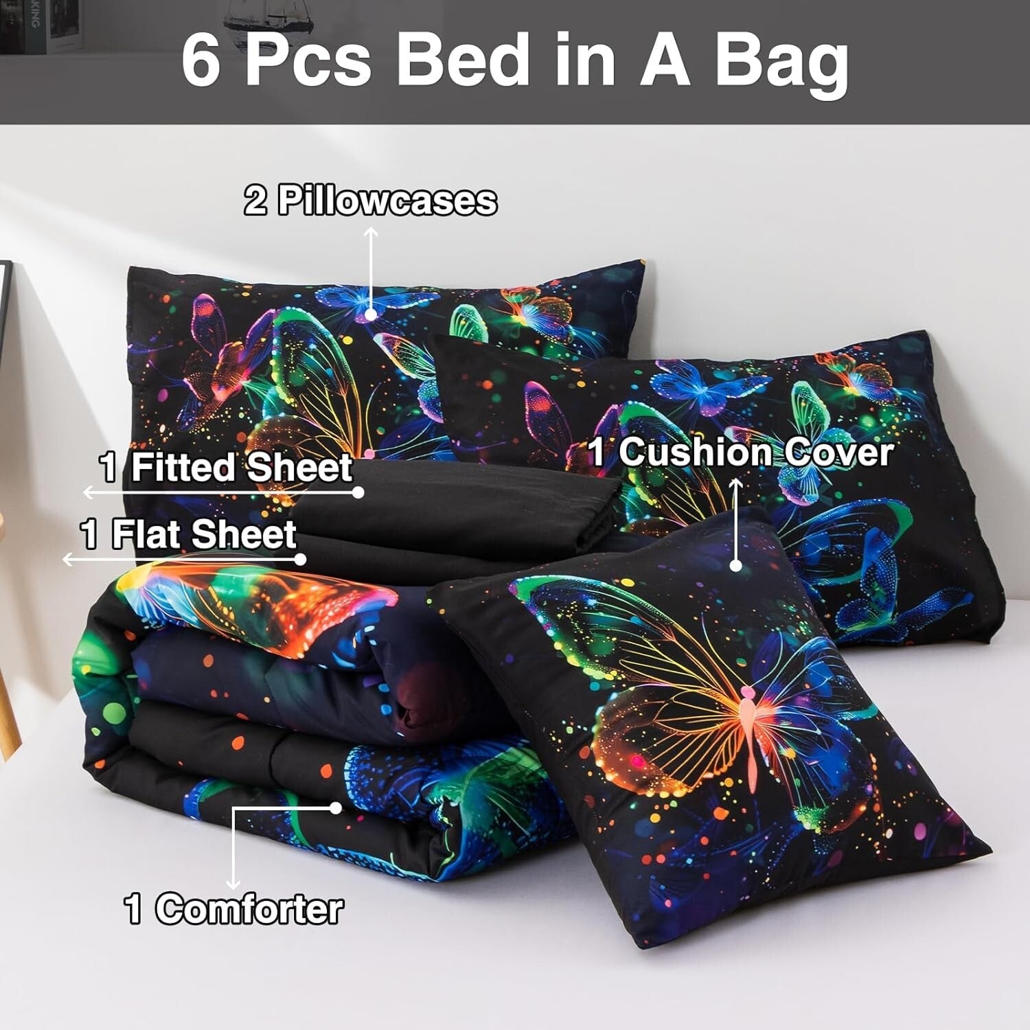 Galaxy-Themed Butterfly Printed Bedding Set - Full Comforter & Pillows Included