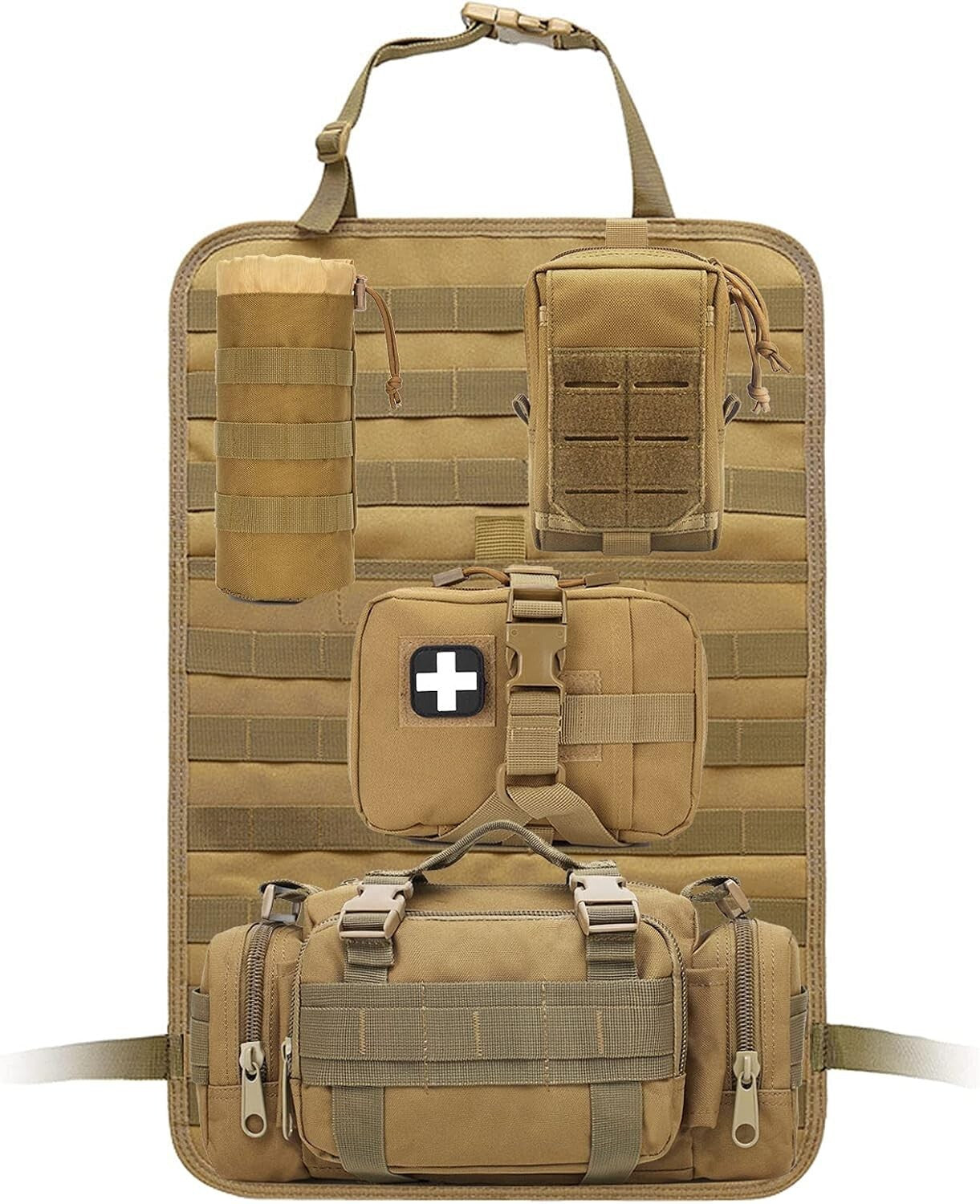 Universal MOLLE Tactical Seat Back Organizer - Durable Khaki Pouches Included