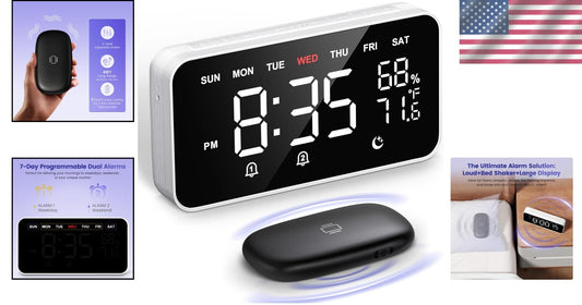 Loud Bed Shaker Alarm Clock - Wireless Vibrating Dual Alarm with Large Display