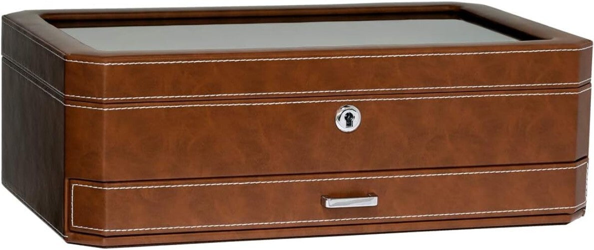 12 Slot Leather Watch Box & Slide Out Drawer - Luxury Organizer in Tan/Brown