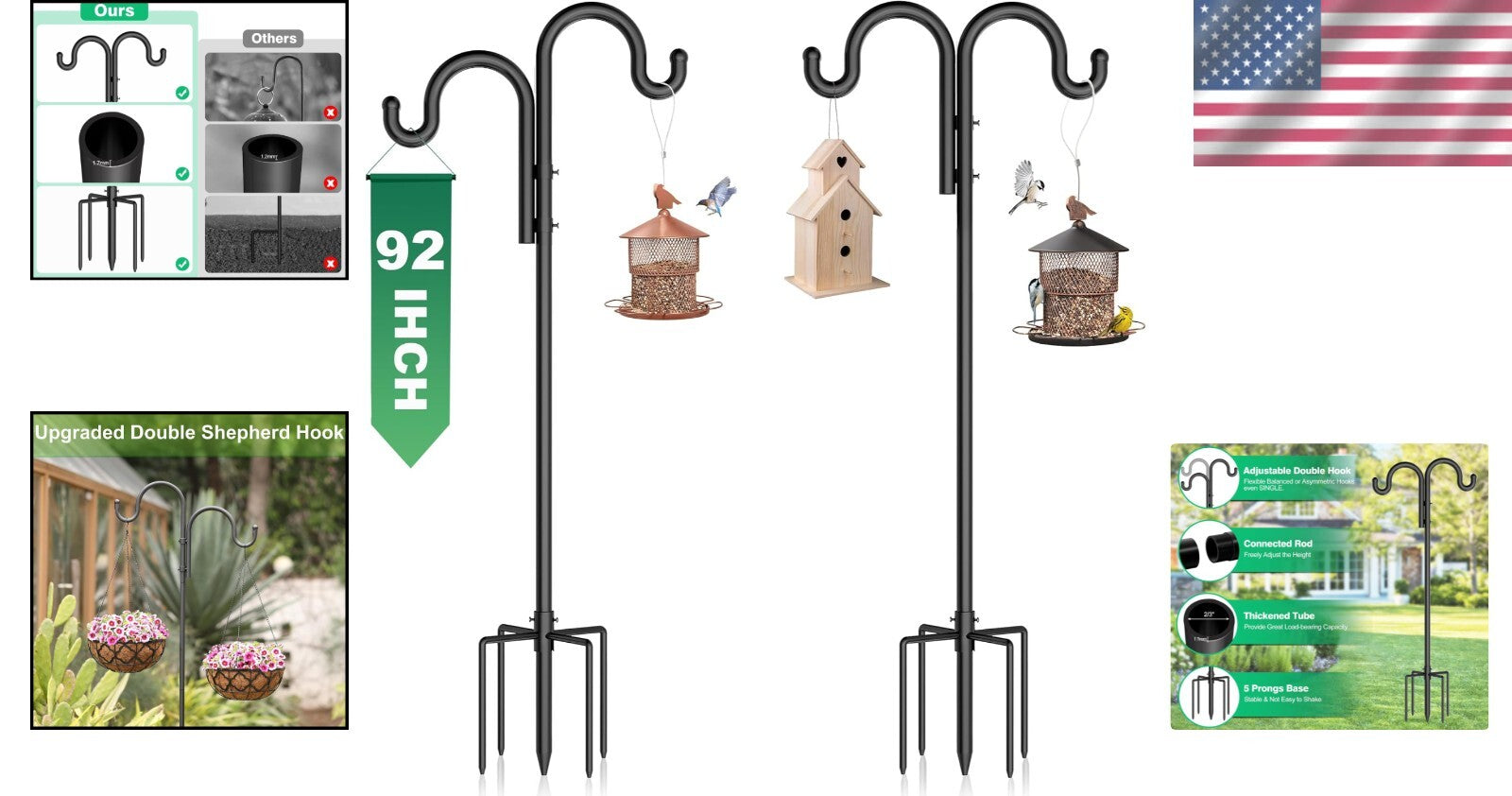 Versatile 2-Pack Double Shepherds Hooks with 5-Prong Base for Premium Stability