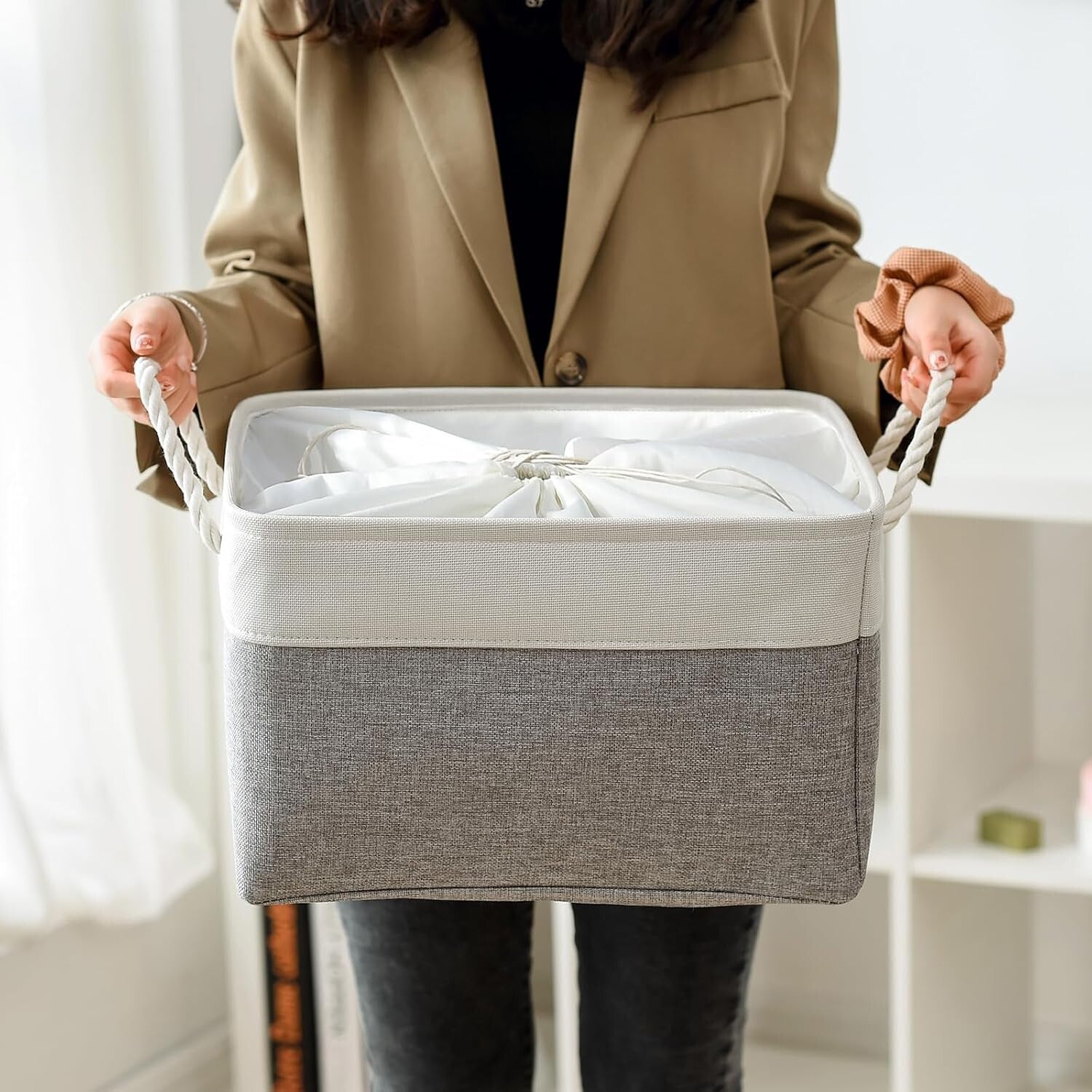 Durable White & Grey Fabric Storage Baskets - X-Large Size for Home Organization