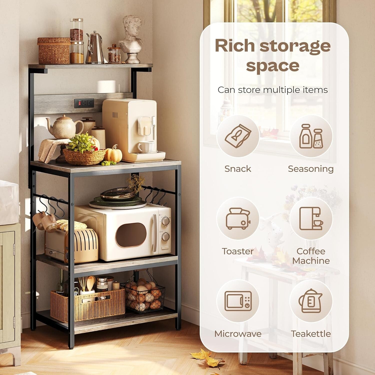 Versatile Kitchen Bakers Rack with Power Outlets & 6 Hooks for Easy Organization