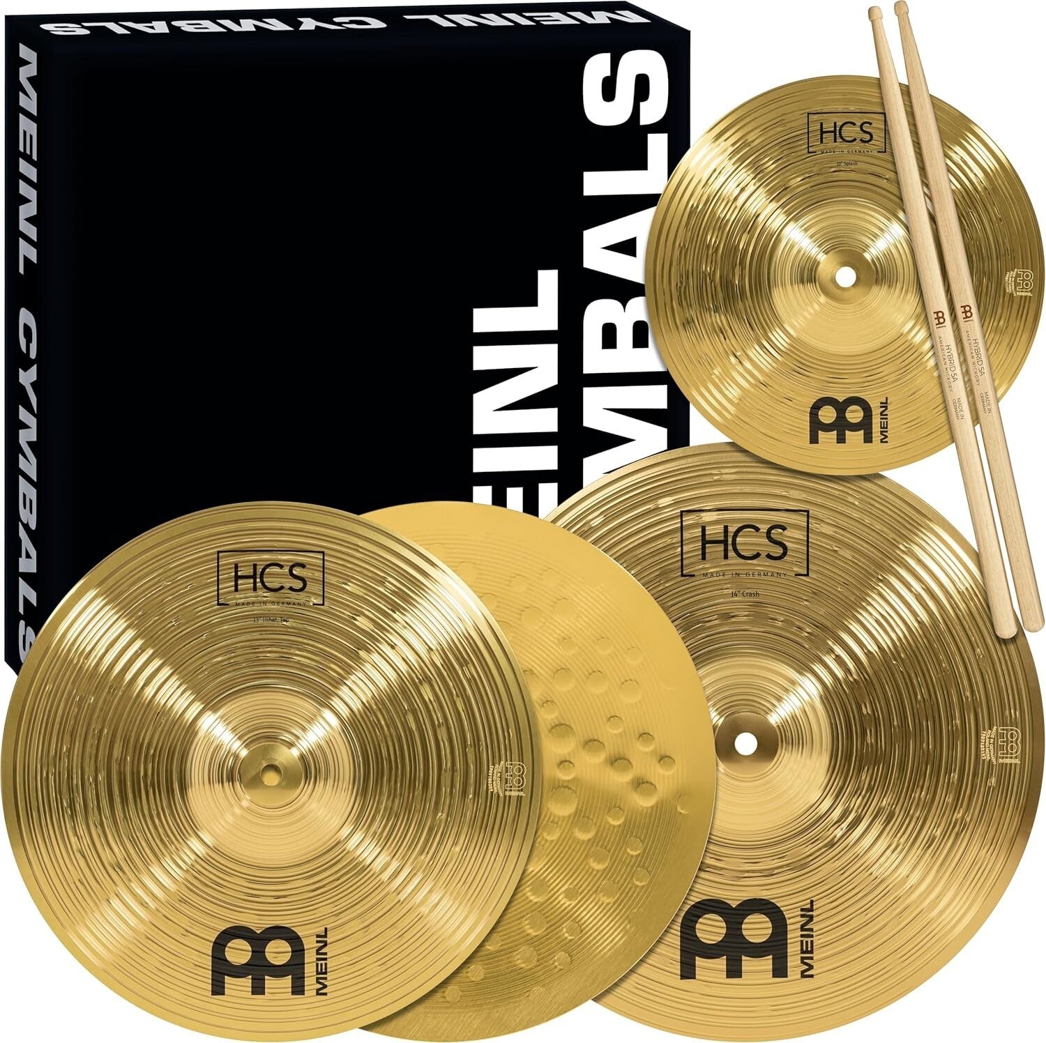 Meinl HCS Cymbal Set - 13" Hi-Hats, 14" Crash & 10" Splash, 5A Sticks Included