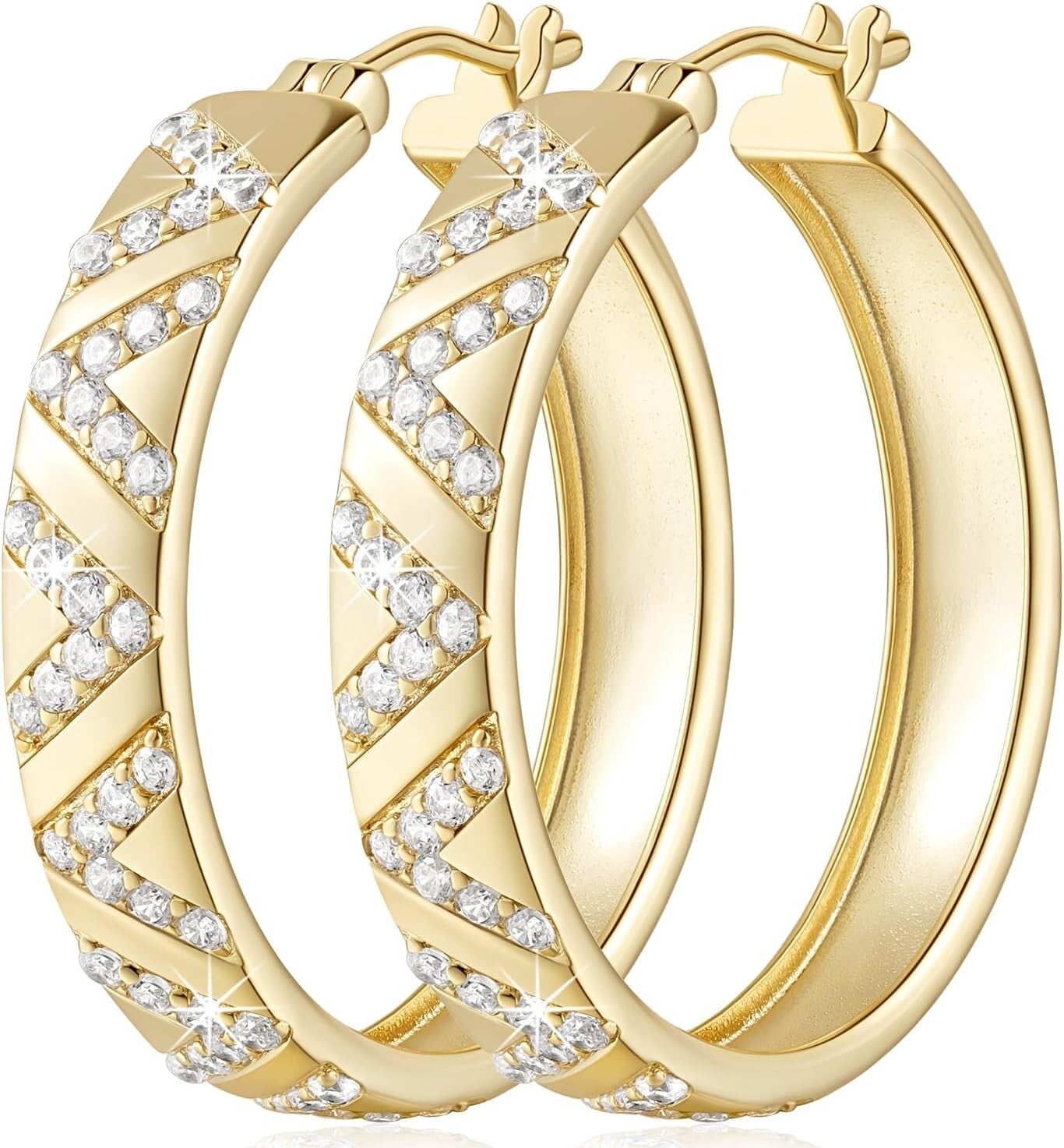 25mm Thick 14K Gold Hoop Earrings with V-Cut and Diamond Sparkle for Women