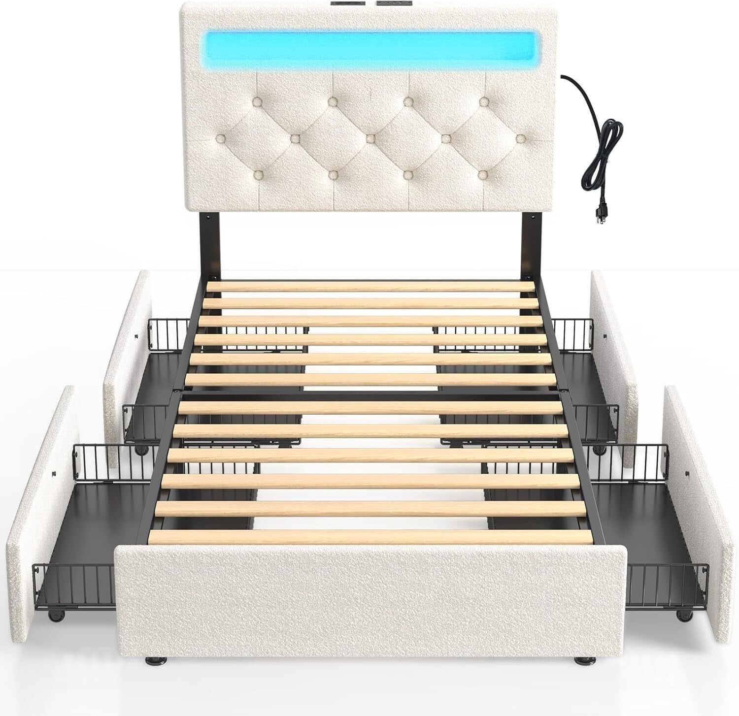 Adjustable Twin Bed Frame with RGB LED Lights & 4 Storage Drawers in White