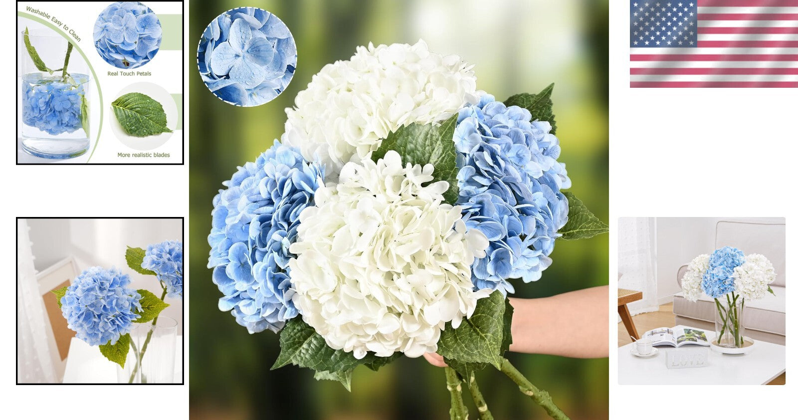 Lifelike 21" Hydrangea Flowers - Soft Touch with Washable Petals, 4-Piece Set