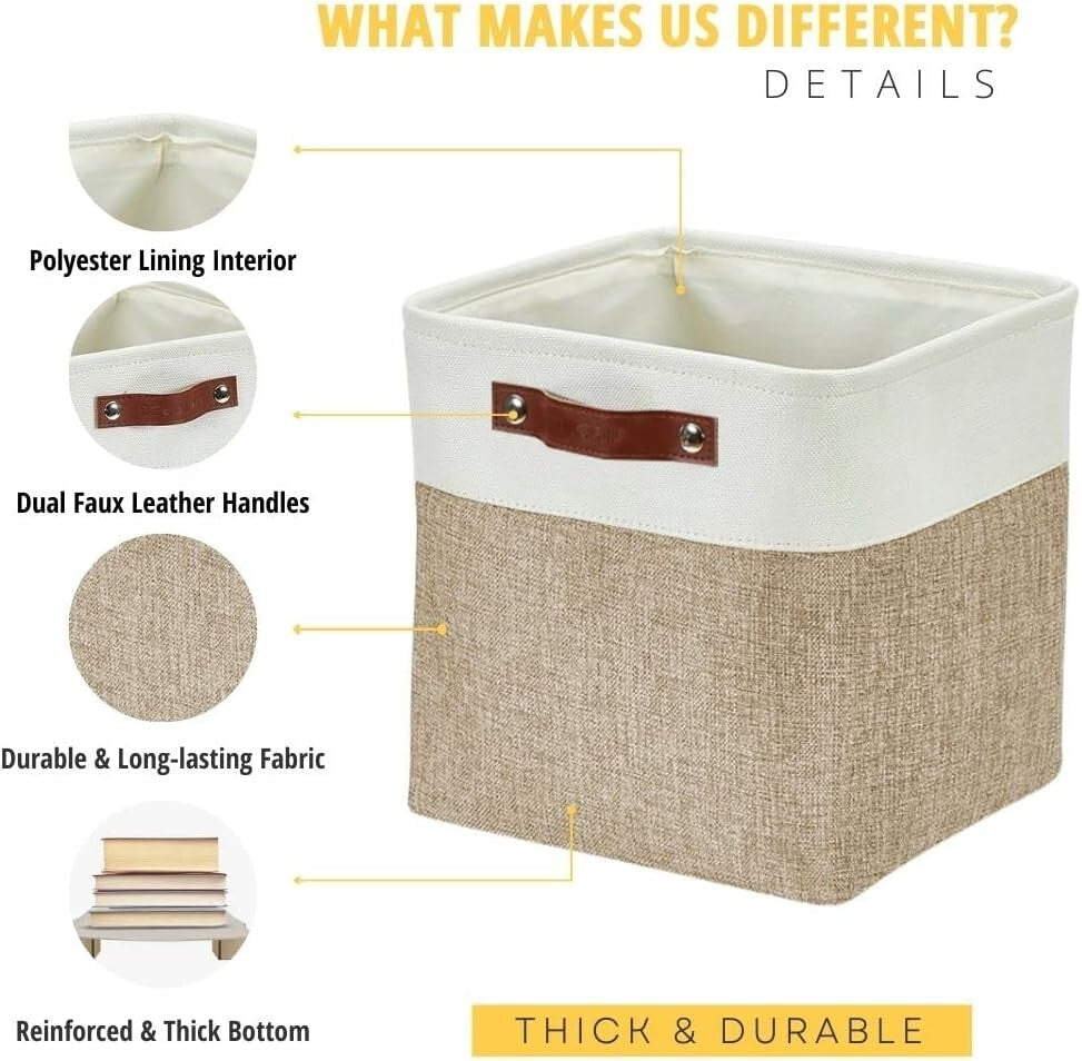 Durable 13 Inch Cube Storage Bins - Beige & White - Perfect for Organizing