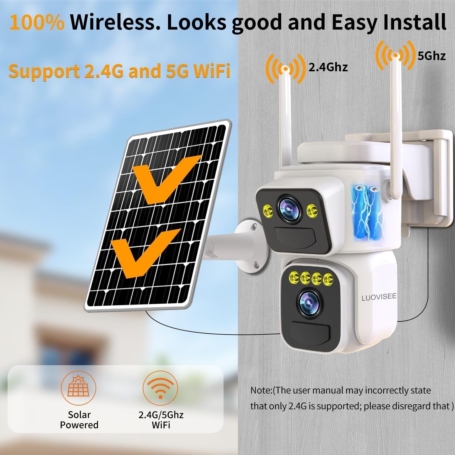 Dual Lens Solar Powered Security Cameras - 2K Outdoor WiFi, Color Night Vision