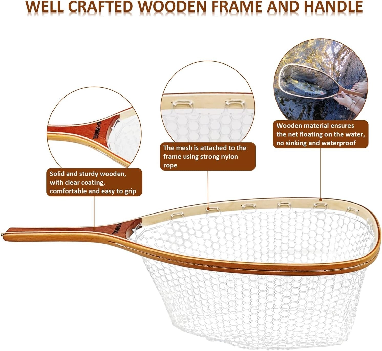 Wooden Frame Trout Landing Net with Magnetic Release - Ideal for Catch & Release