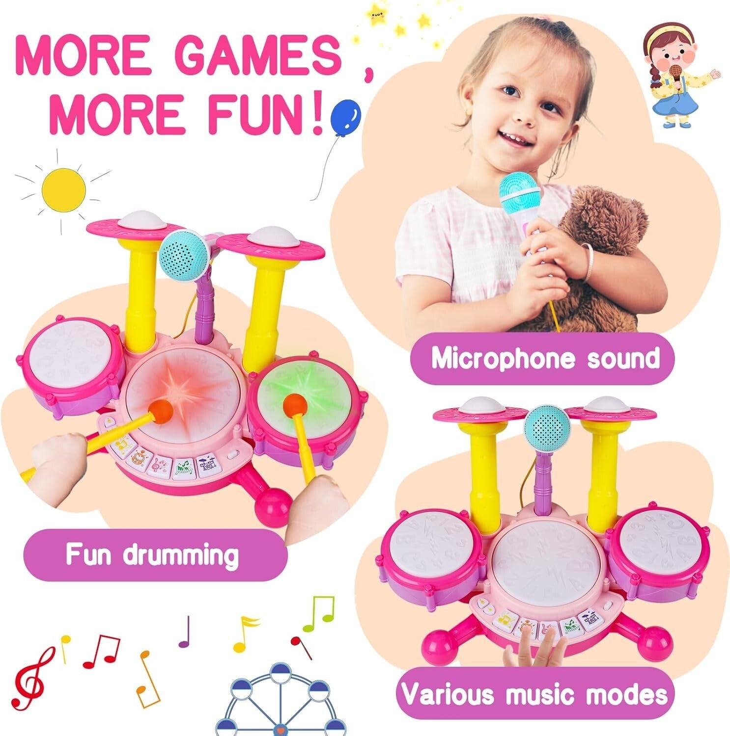 Fun Pink Drum Set Toy for 1-2 Year Old Girls - Perfect Early Development Gift