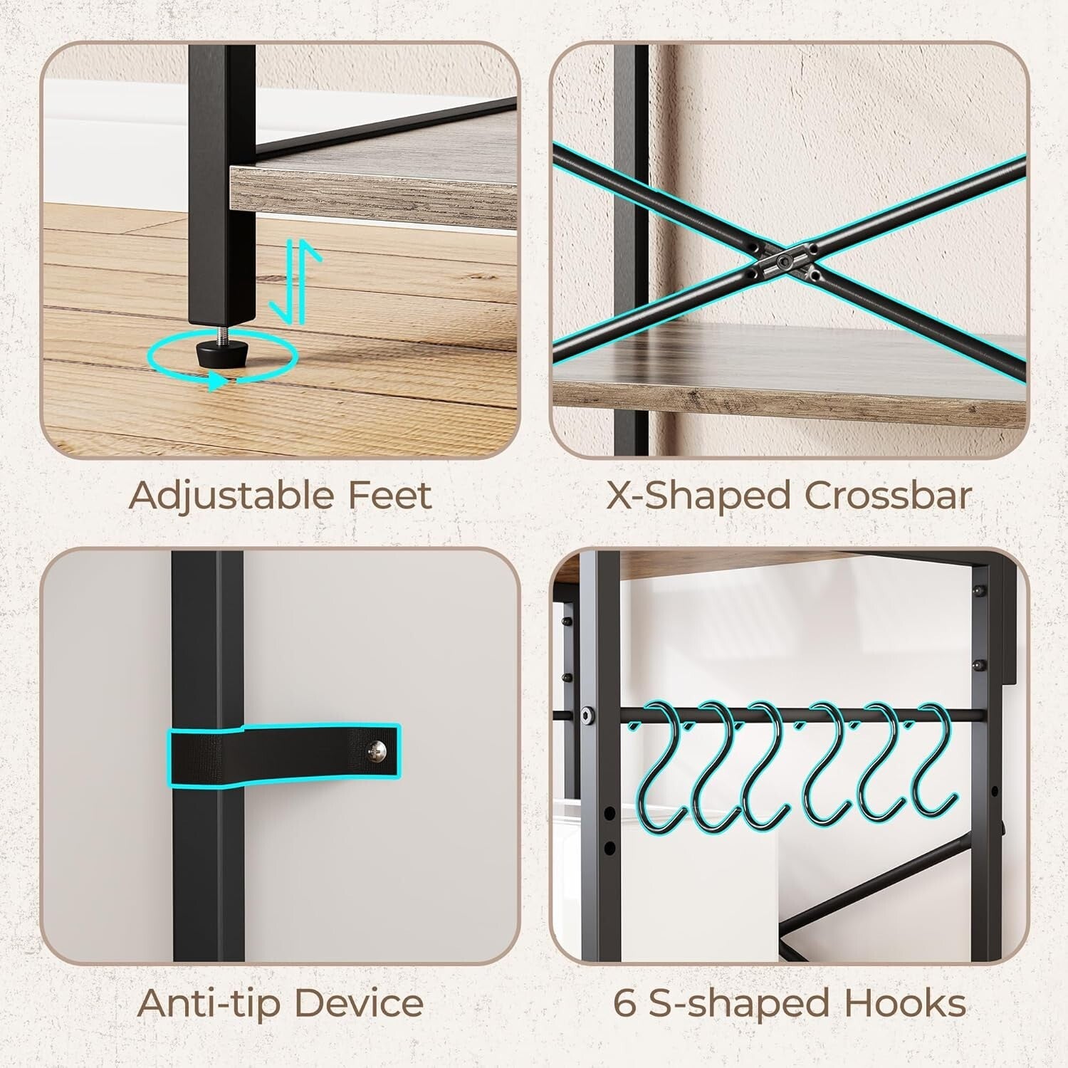 Versatile Kitchen Bakers Rack with Power Outlets & 6 Hooks for Easy Organization