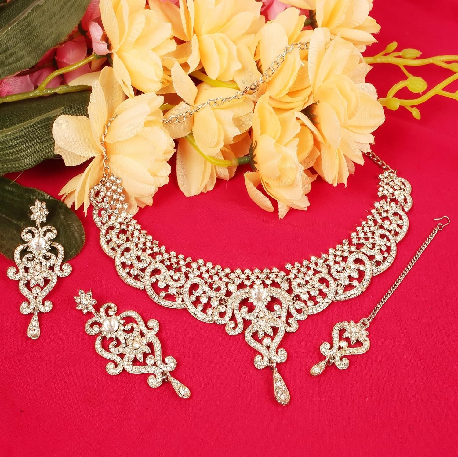 Bridal Elegance: White Crystal Jewelry Set with Necklace & Extra Long Earrings