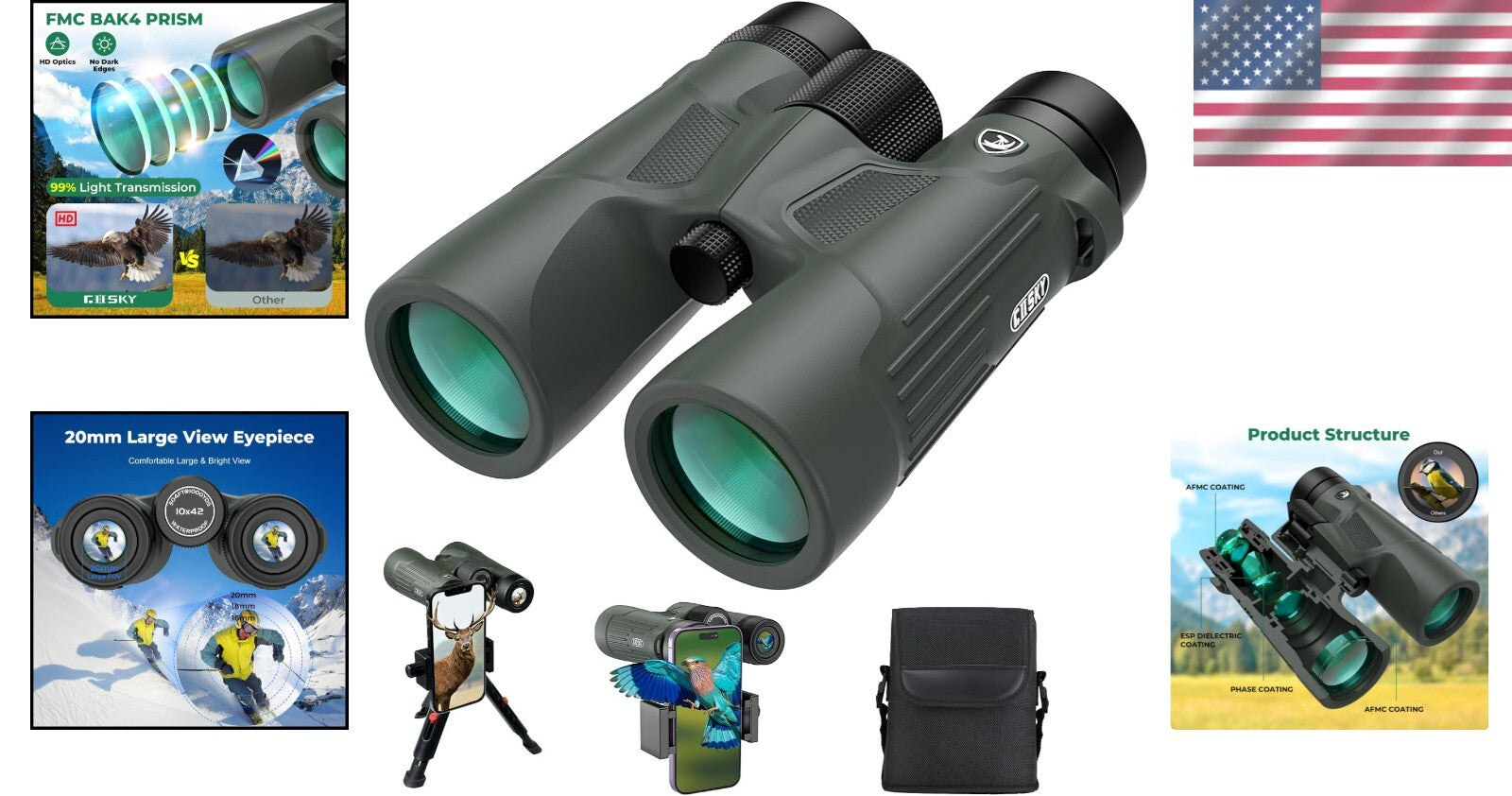 10X42 High Power Waterproof Binoculars with Phone Adapter for Outdoor Adventures