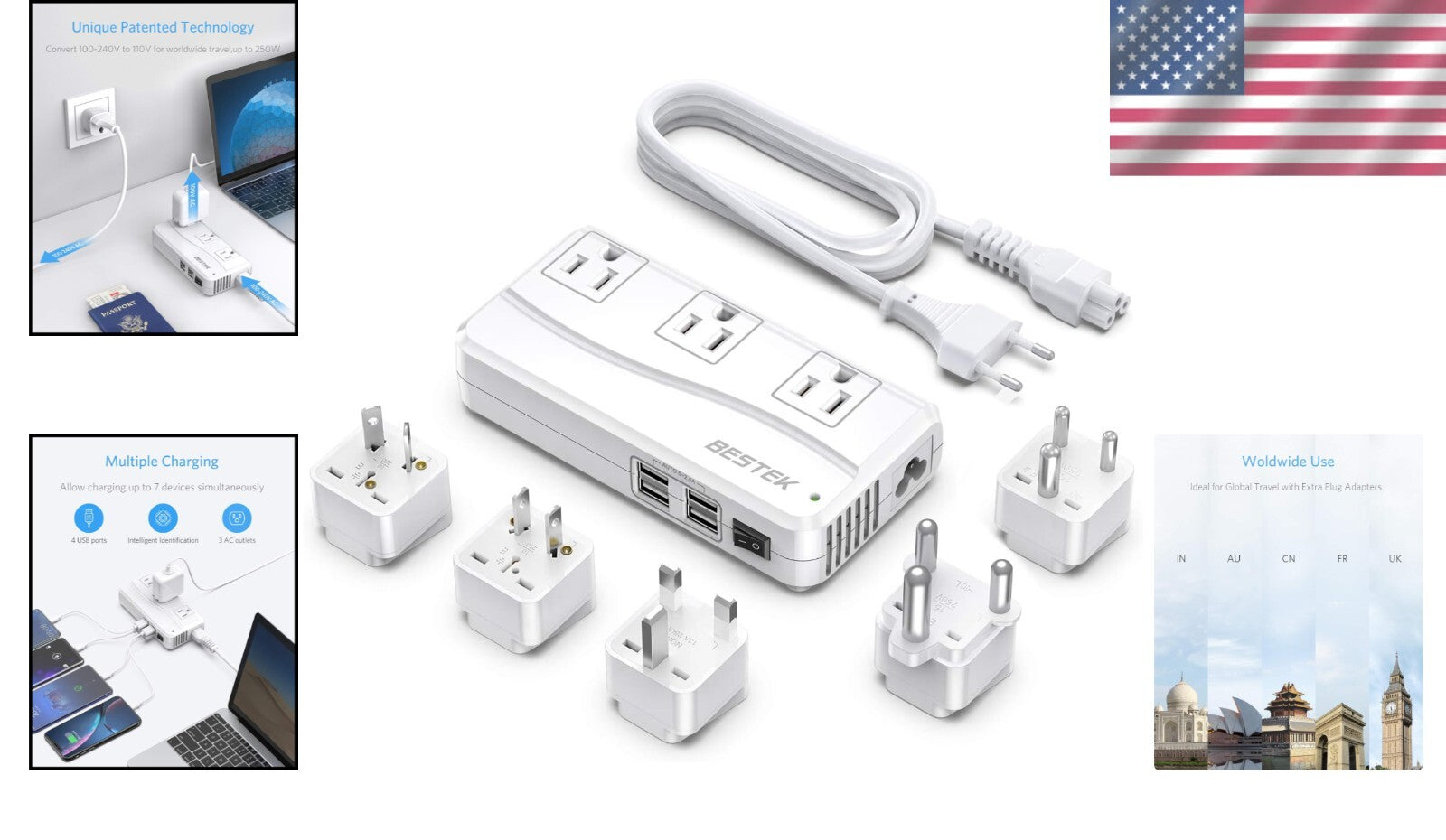 Multi-Universal 250W Travel Adapter & Converter with 4 USB Ports - Safety Tested