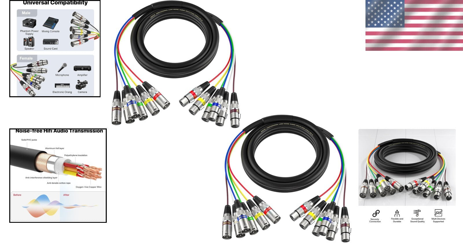 2 Pack 6 Ft XLR Snake Cables - Anti-Interference, Durable Design for Live Sound