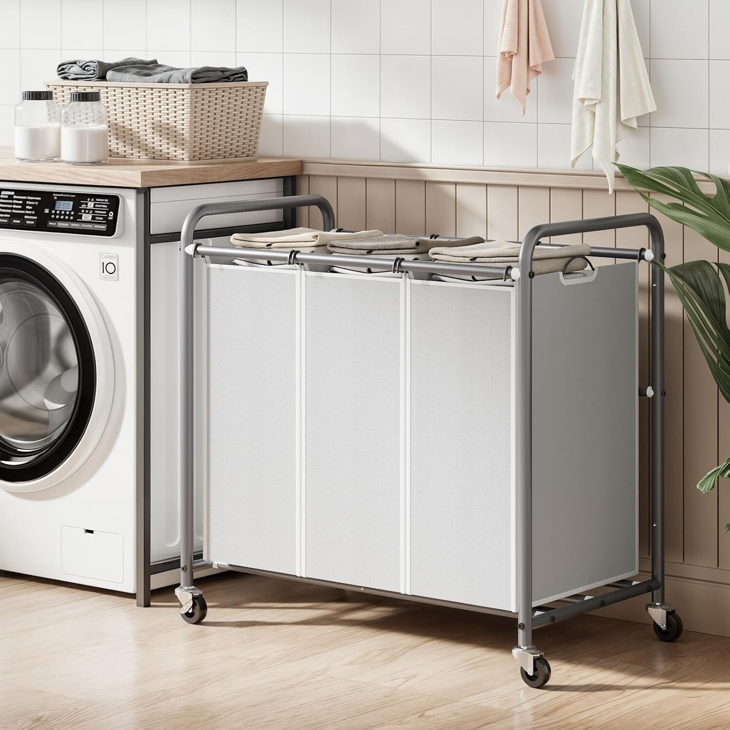 Gray Laundry Hamper on Wheels - 3 Compartments & Removable Bags for Easy Sorting