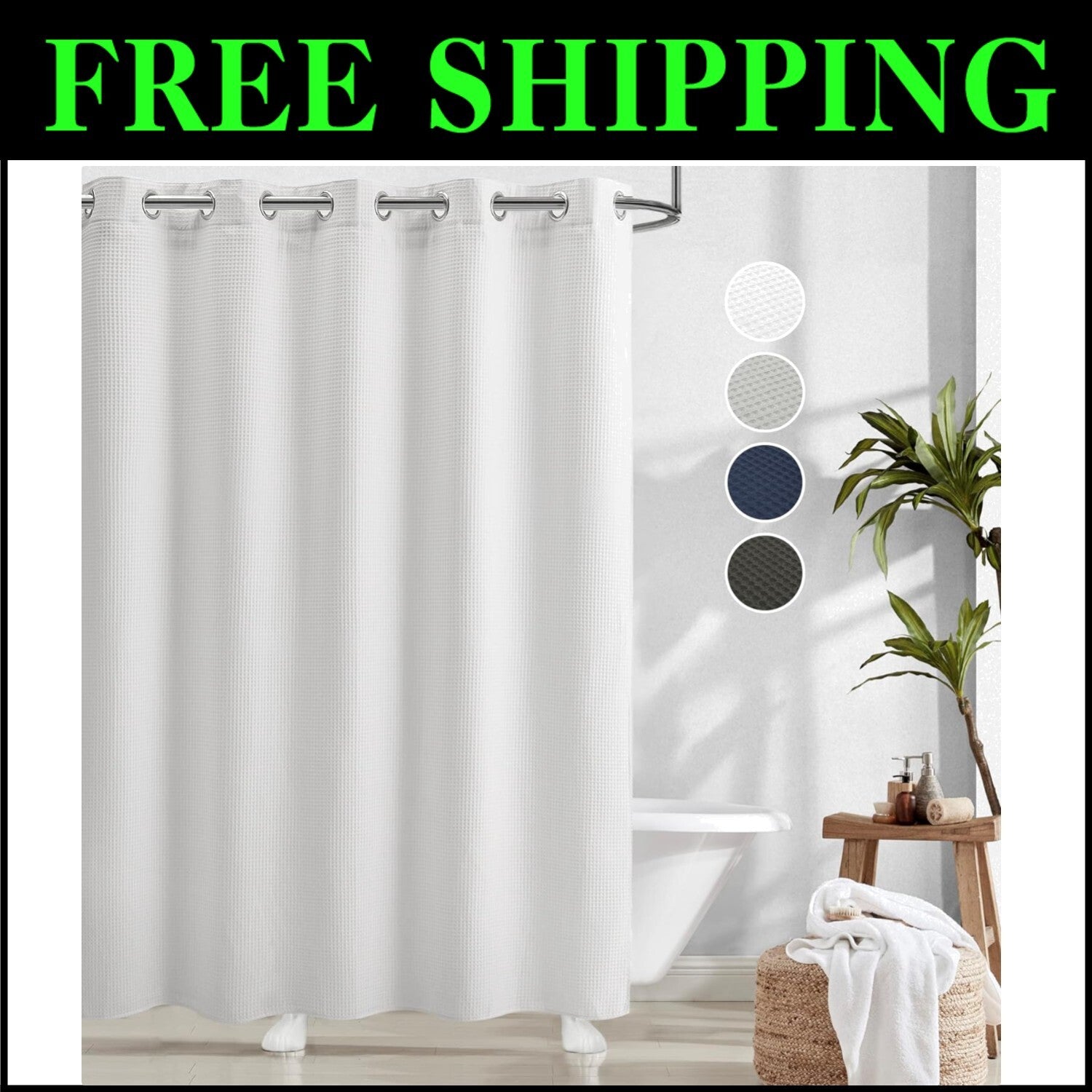 No Hooks Needed White Waffle Shower Curtain with Machine Washable Liner, 71 x 74
