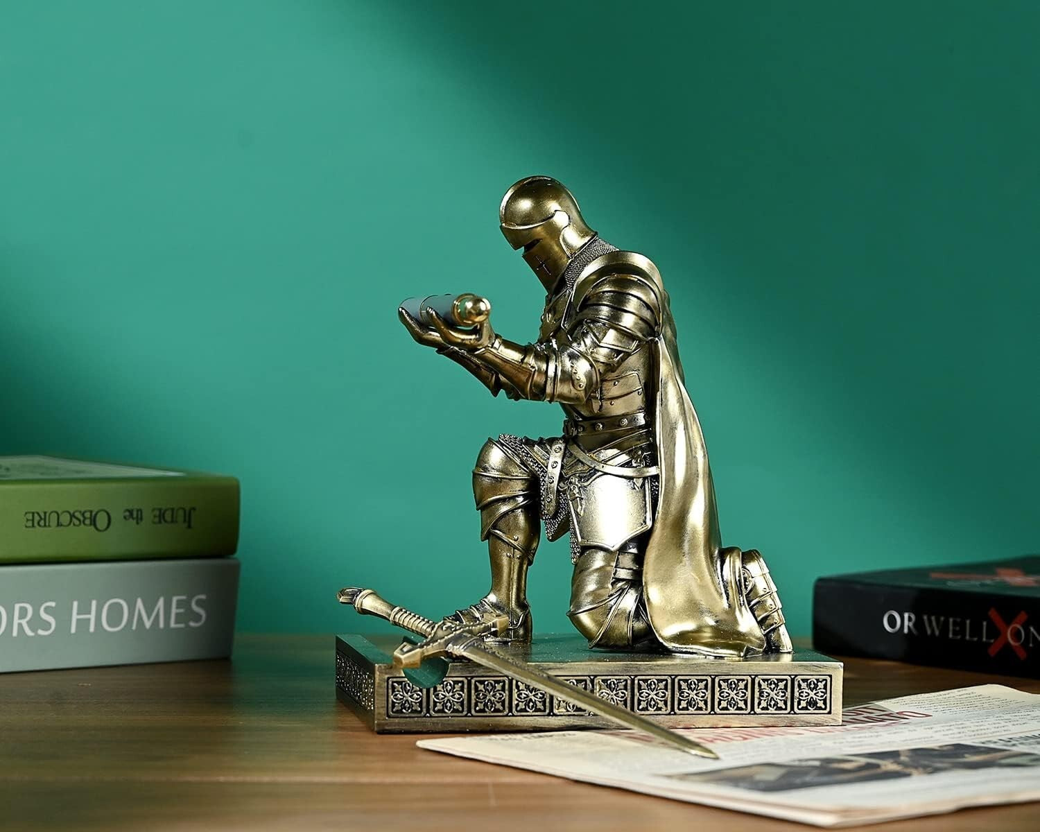 Elegant King's Guard Knight Pen Holder & Mobile Stand - Bronze Desk Ornament