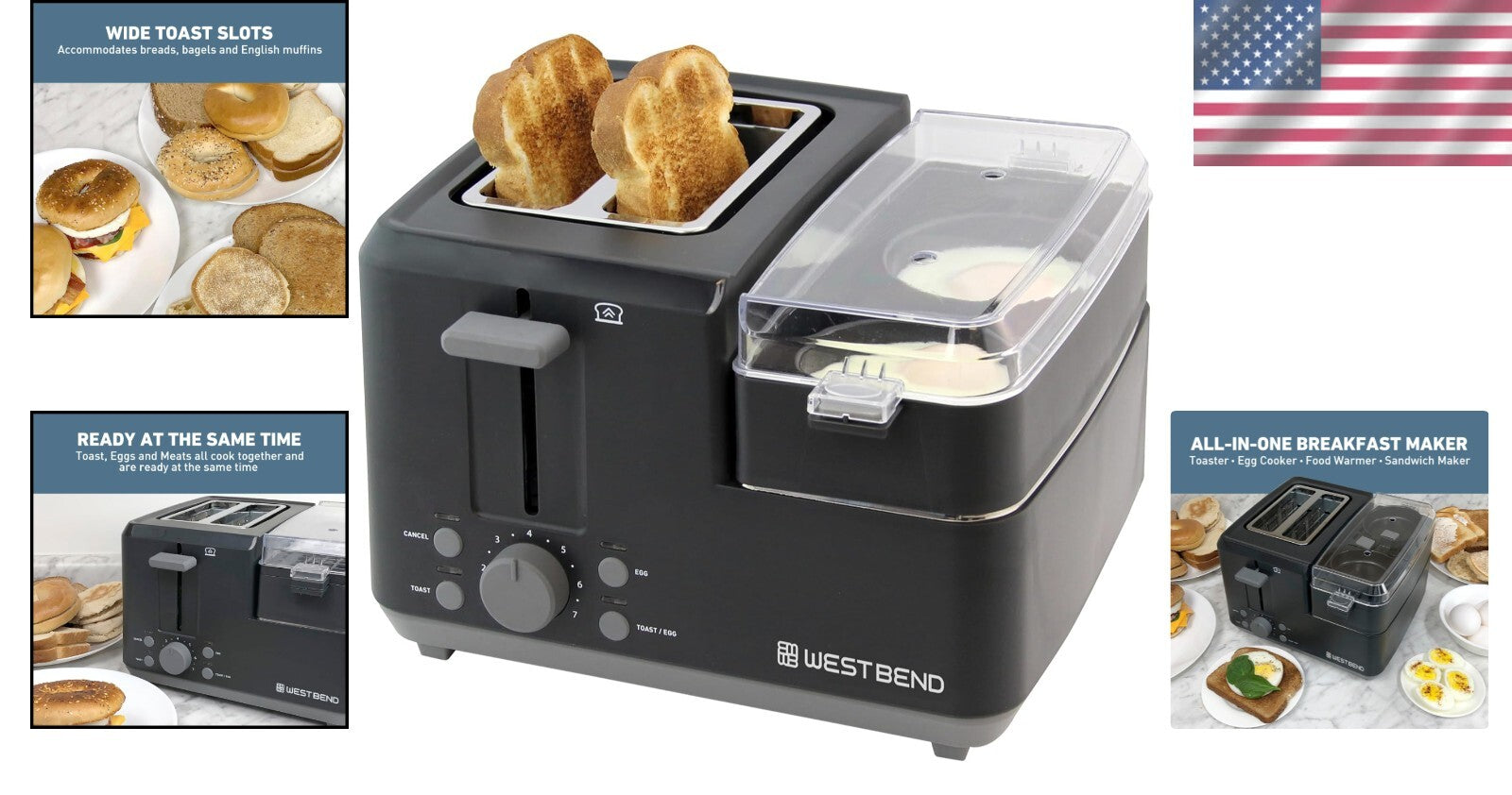 2-Slice Toaster and Egg Cooker Duo with Removable Meat Tray - Modern Design