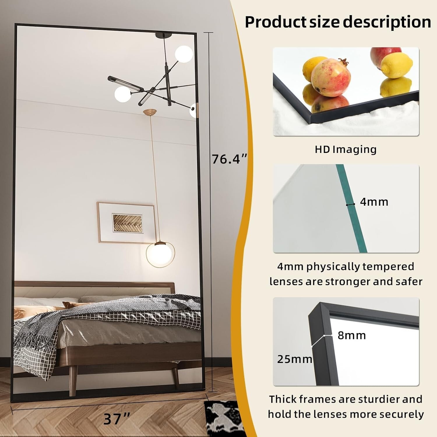 Stunning 76" x 37" Tempered Glass Full Length Mirror with Durable Aluminum Frame