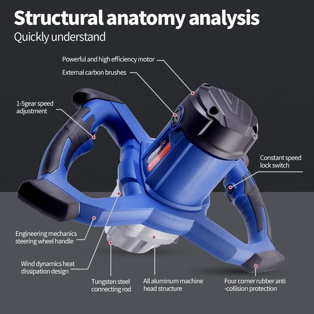 Lightweight 1800W Electric Mixer with 7 Speeds - Perfect for Paint, Grout & More