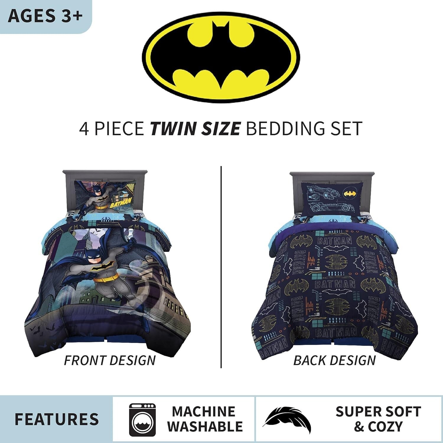 Dynamic Batman Kids Bedding Set - 4 Piece Twin Size Comforter and Sheets