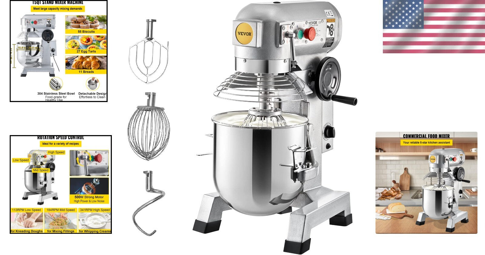 Durable 15Qt Stainless Steel Mixer with 3 Adjustable Speeds & Whip Attachments