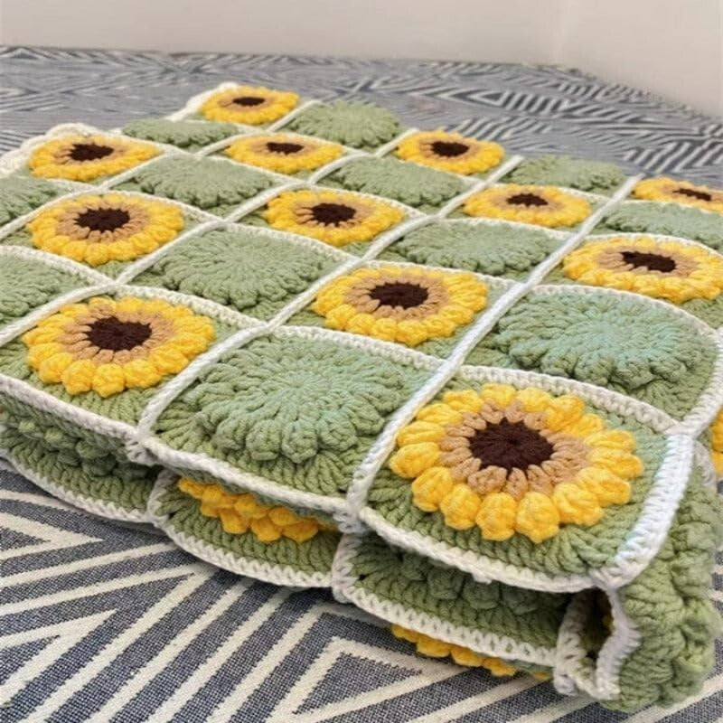 Artisan Crocheted Sunflower Throw Blanket - Boho 59" x 39" for Cozy Luxury