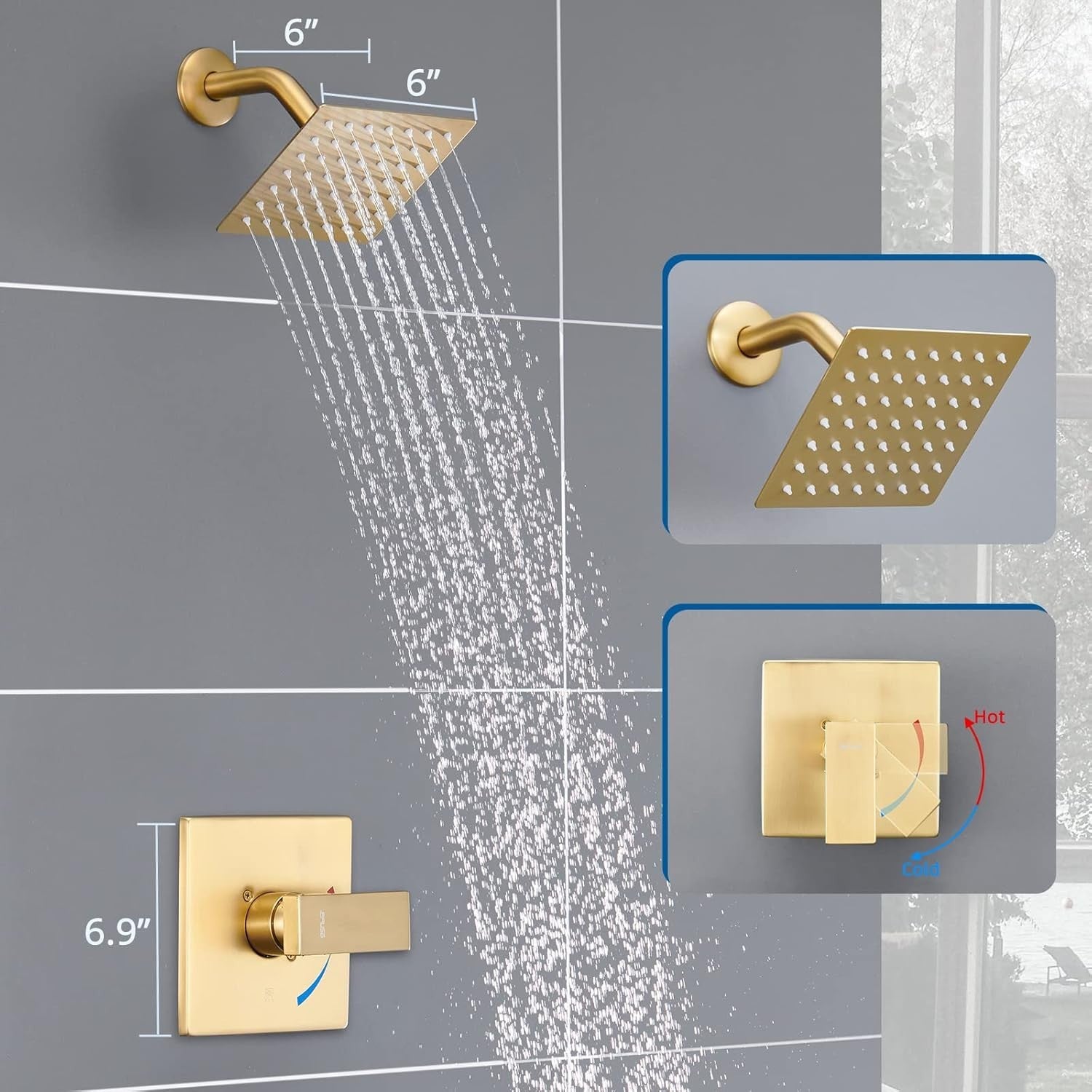 Brushed Gold Shower Faucet Set - Rain Shower Head, Valve & Trim Included
