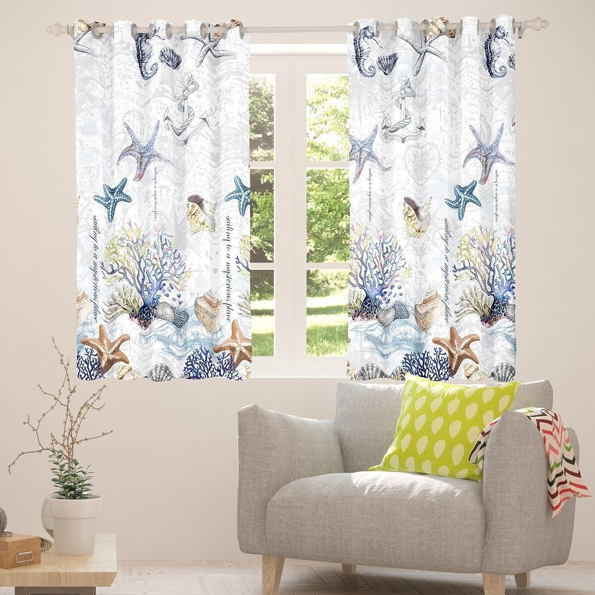 Playful Marine Curtains Set, Blackout Function in Starfish Design, 52x96 Inches