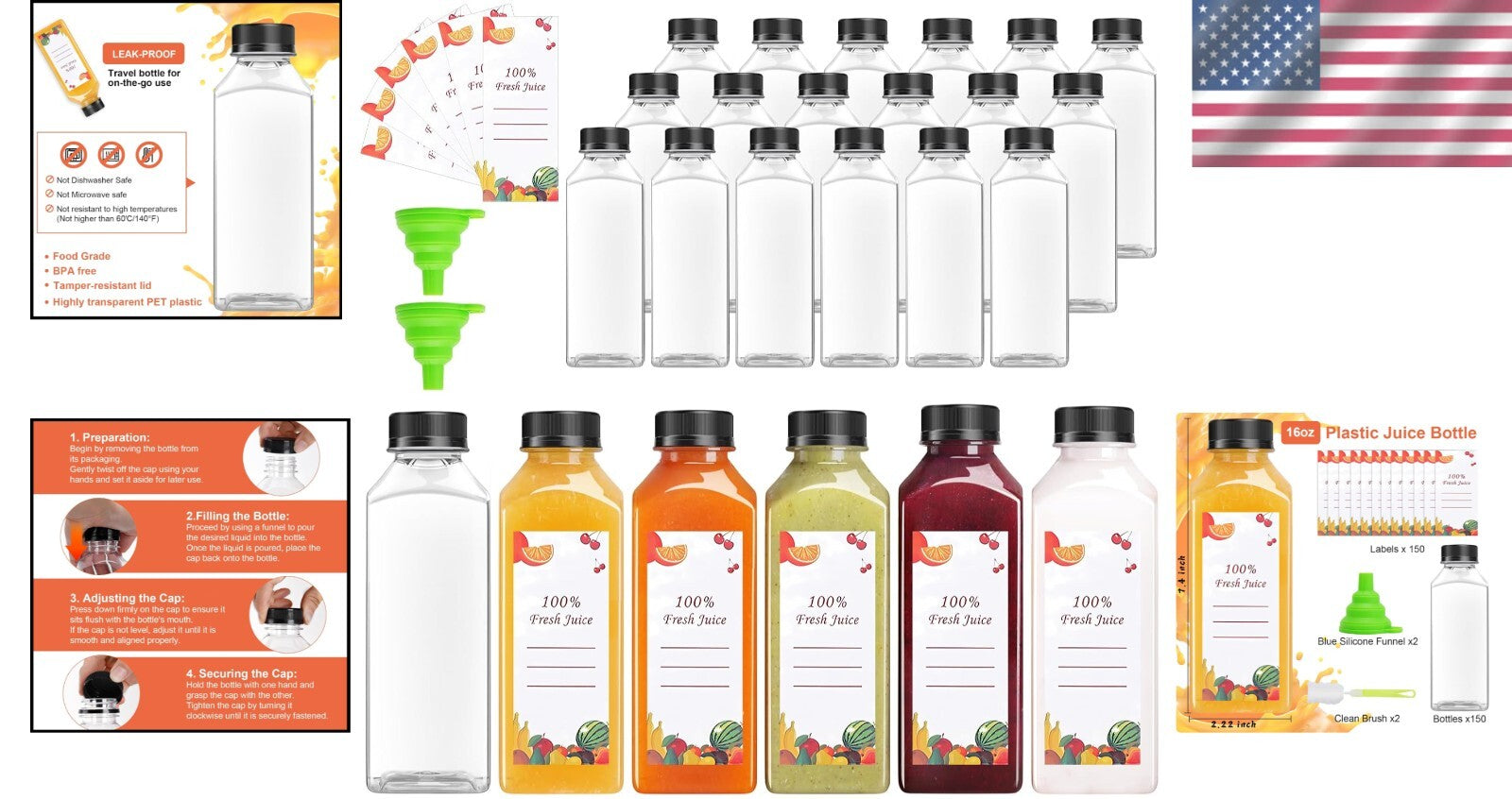 16oz Wide Mouth Juice Bottles - 80 Reusable Clear Plastic Containers for Parties