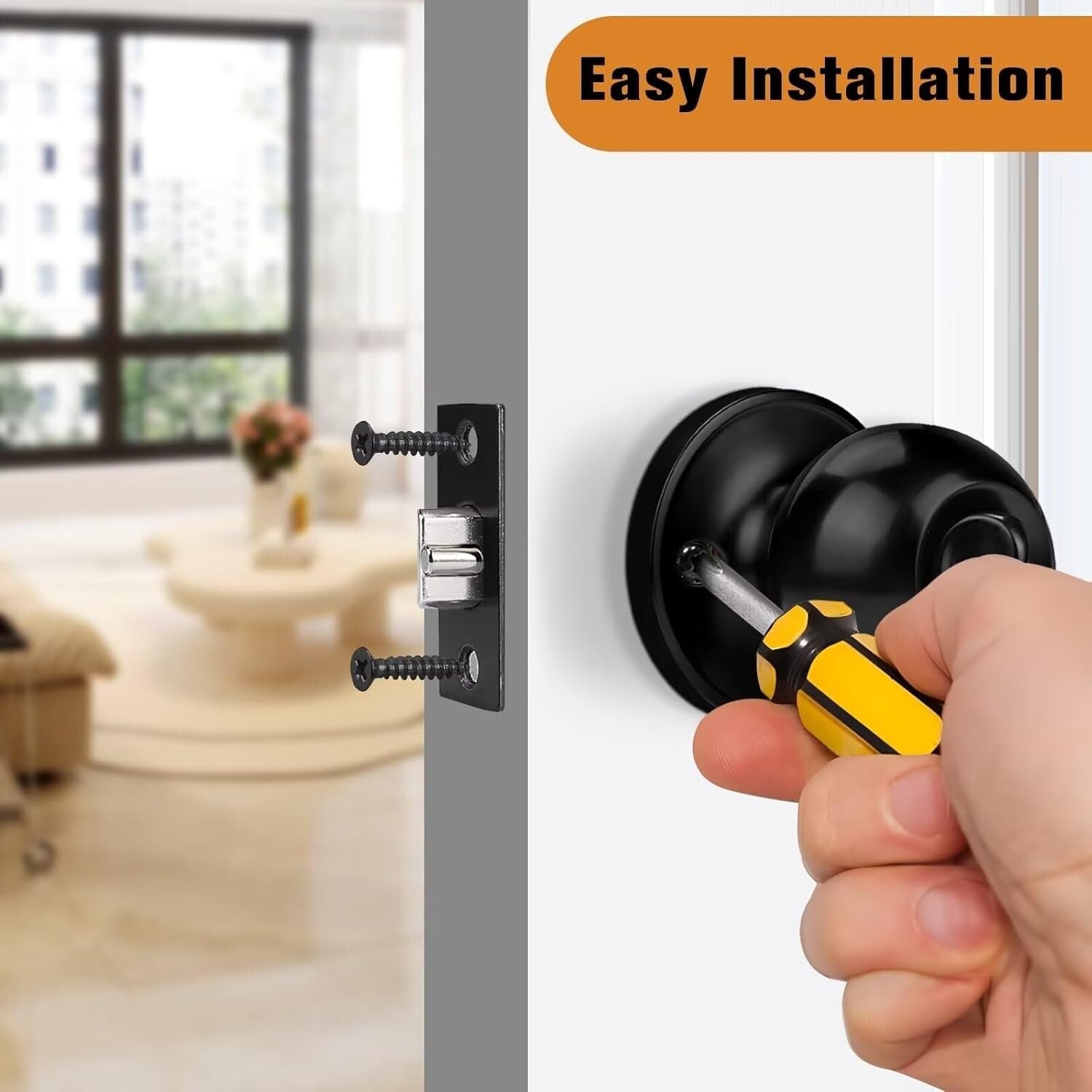 Flat Black Keyed Alike Round Door Knobs – 4 Pack Stainless Steel Security