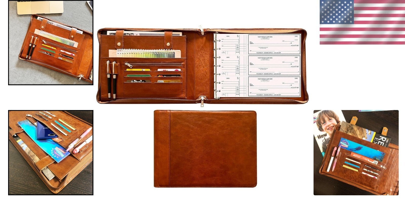 Elegant 7-Ring Check Binder Portfolio in Genuine Buffalo Leather - 600 Checks