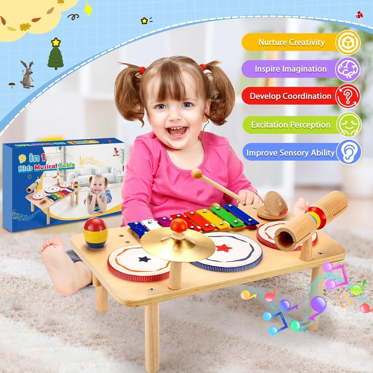 Wooden Kids Drum and Xylophone Set: Educational Musical Instruments for Toddlers