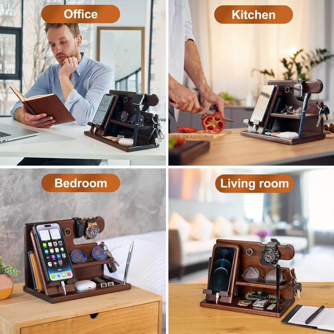Elegant Wood Phone Docking Station & Organizer for Desk or Nightstand Gifts