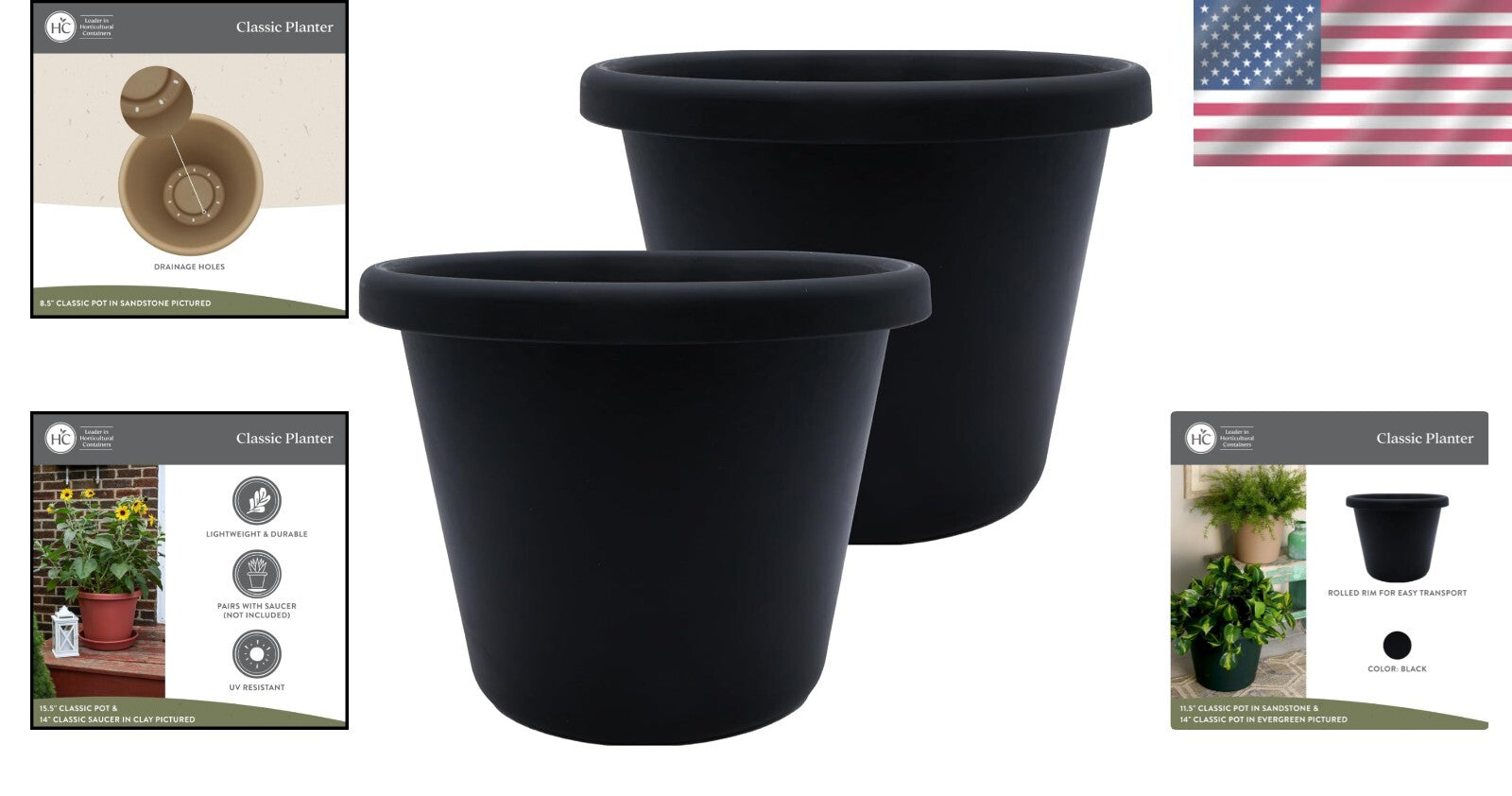 Stylish Classic 20" Black Plastic Garden Pots for Herbs & Flowers – Set of Two