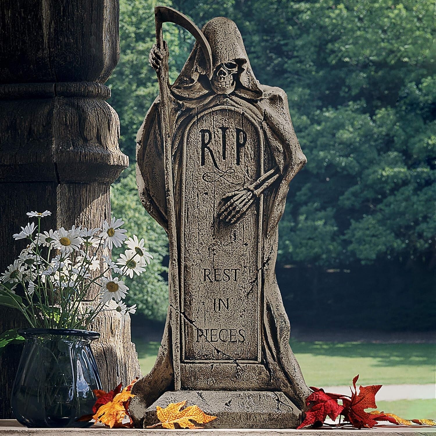 12" Tall Grim Reaper Statue - Lightweight Outdoor Tombstone for Spooky Displays