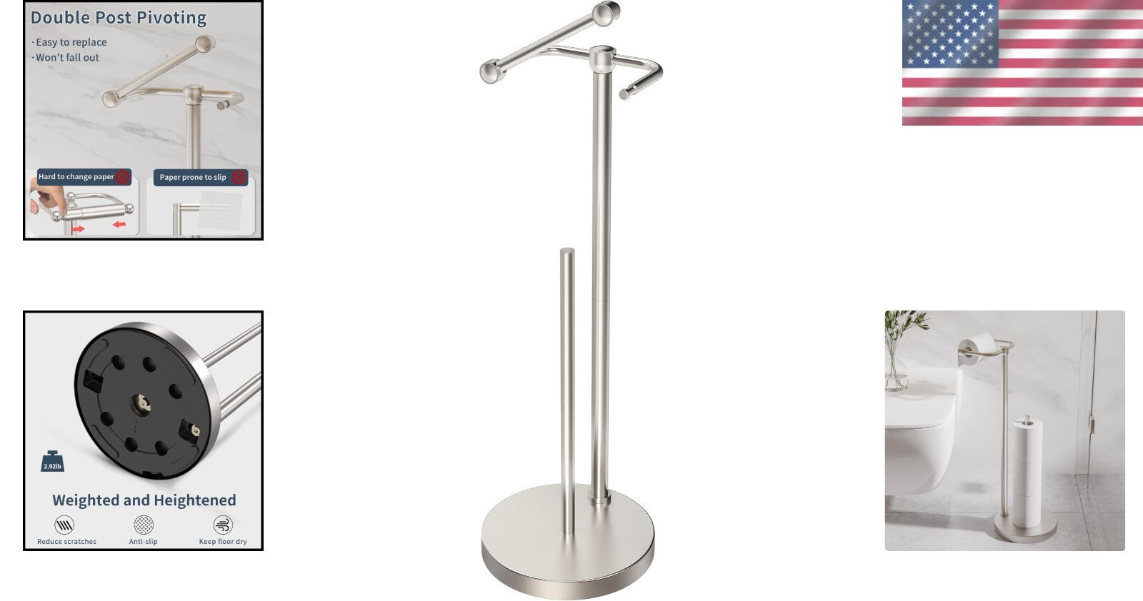 Brushed Nickel Free Standing Toilet Paper Holder with Storage for 4 Rolls