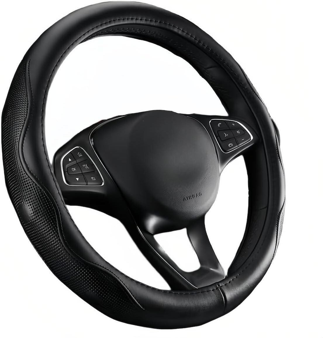 Easy Clean Black Leather Steering Wheel Cover 15.5-16 Inch for Truck Interiors