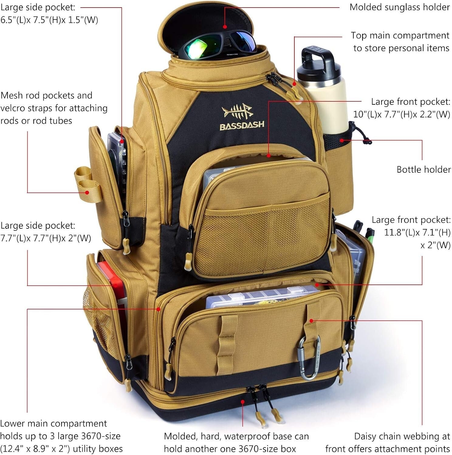 Tactical Fishing Backpack with Rod Holder, Rain Cover & Ergonomic Design