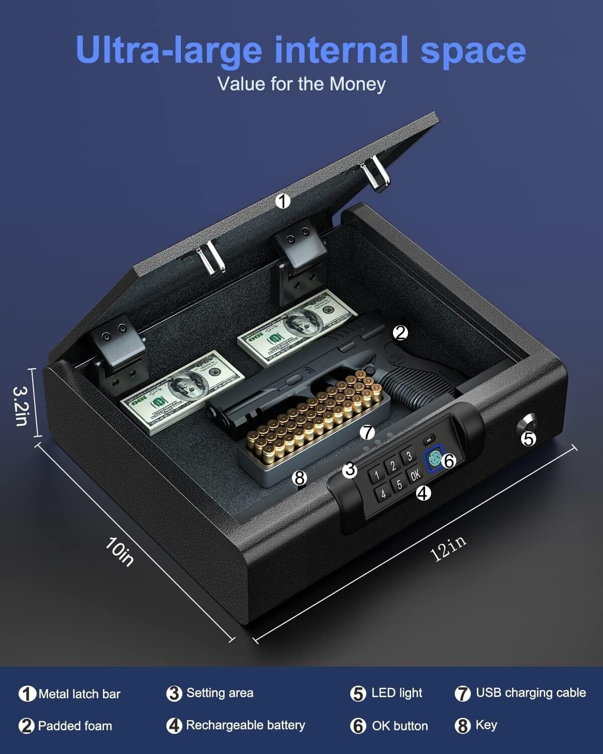 Secure Gun Safe with Biometric Access and USB Rechargeable Battery - Ideal Size