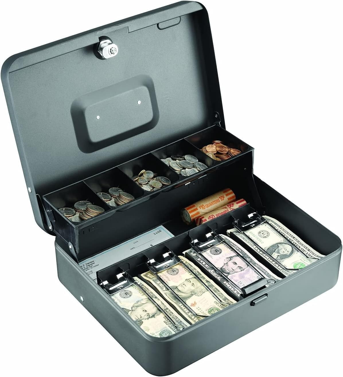 Secure Alloy Steel Cash Box with Tiered Tray and Recessed Handle | 11.81" W