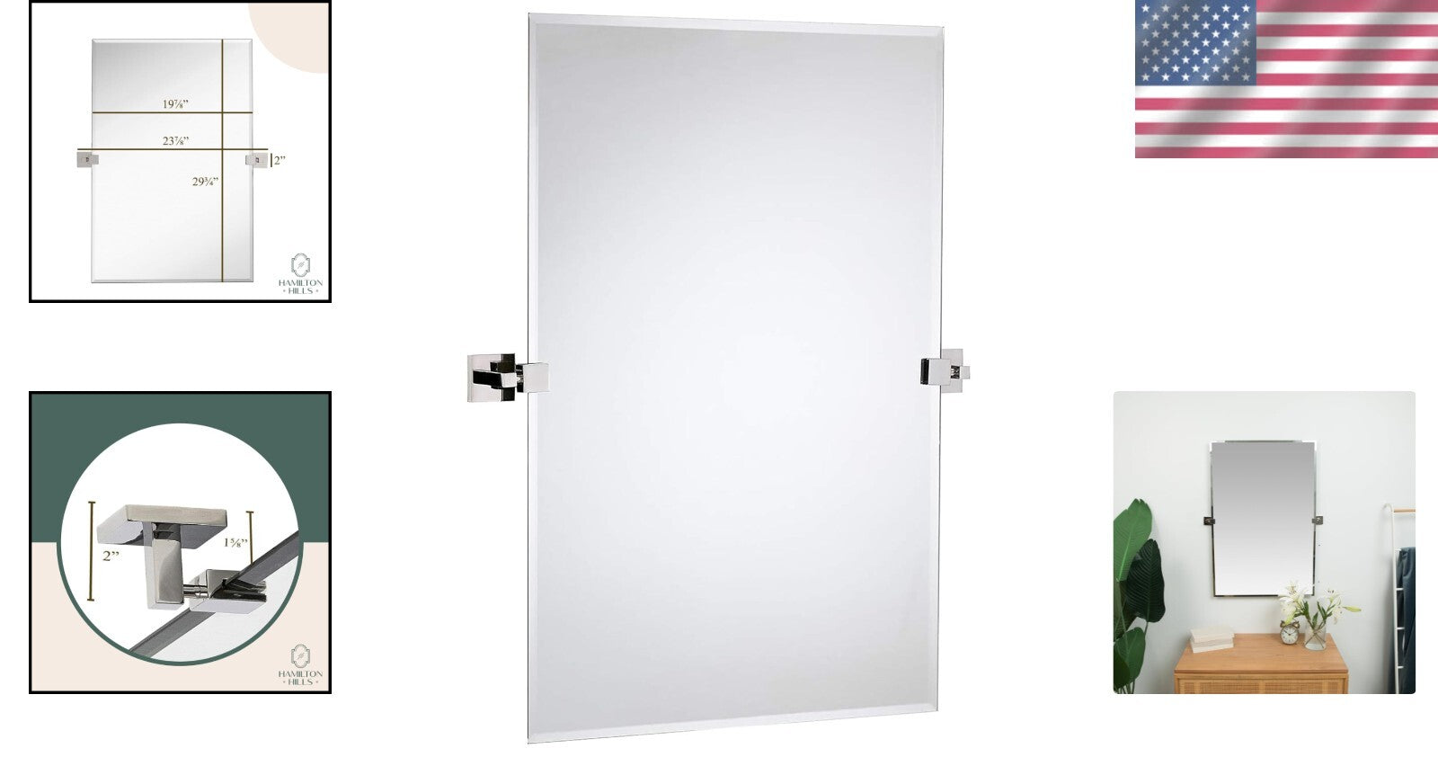 Versatile Large Rectangle Mirror with Adjustable Chrome Anchors - 20x30 Inches