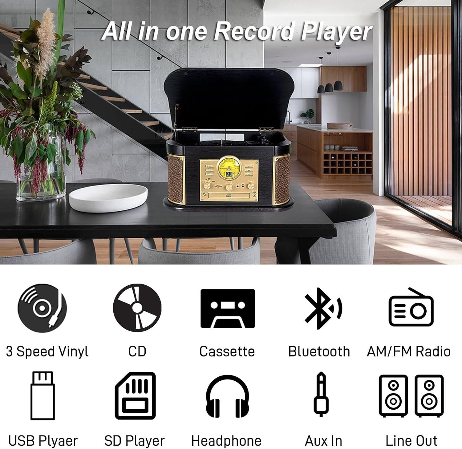 Classic Style All-in-One Turntable: Bluetooth, CD/Cassette Player & MP3 Encoding