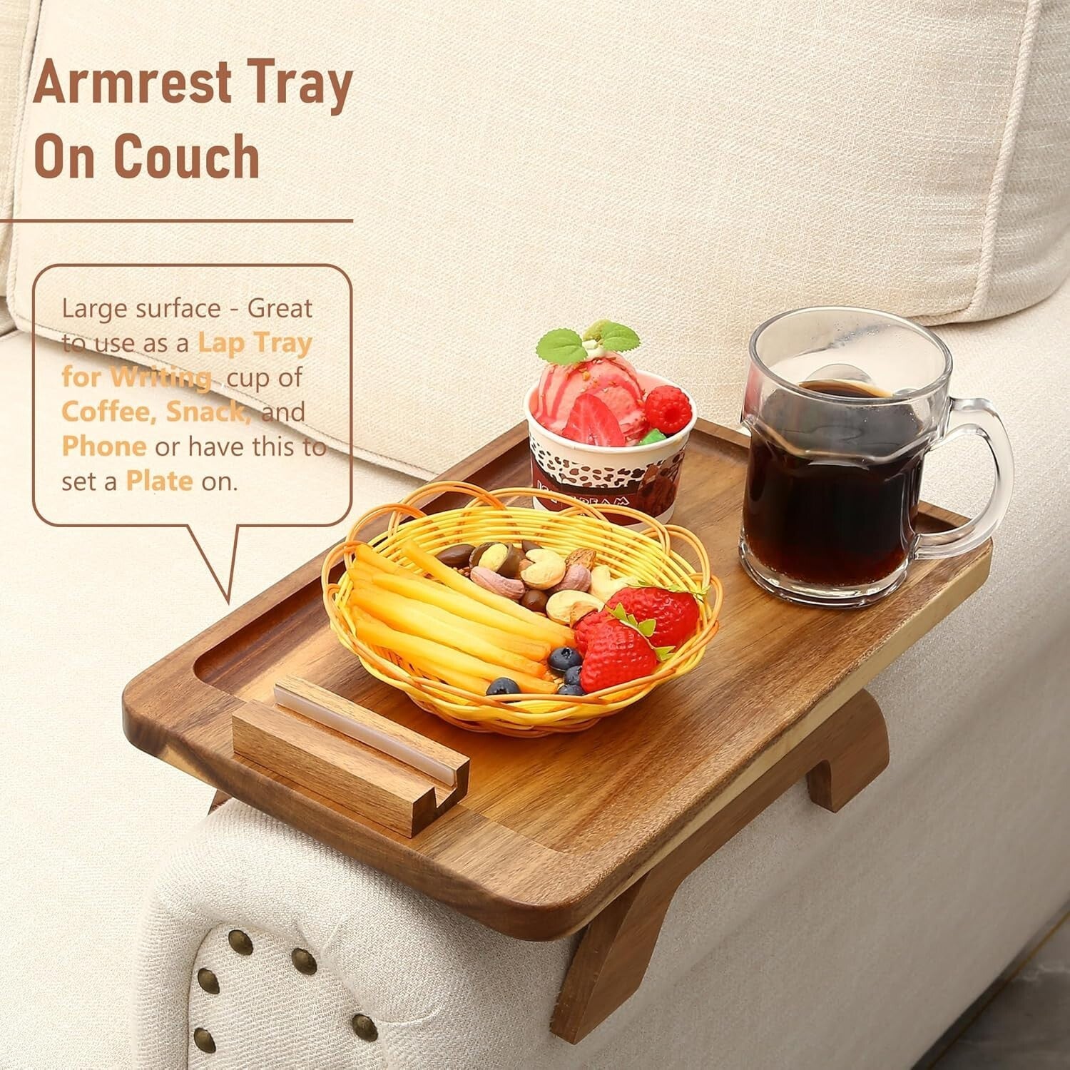 Adjustable Armrest Table with 360° Phone Holder - Modern Acacia Wood Design